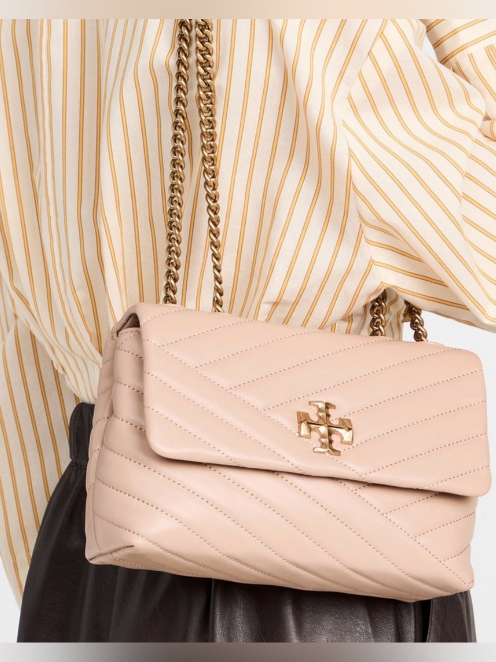 New Tory Burch Kira Chevron Small Leather Convertible Shoulder Bag Beige
